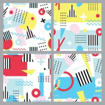 Set of seamless patterns in memphis style. Stock Illustration