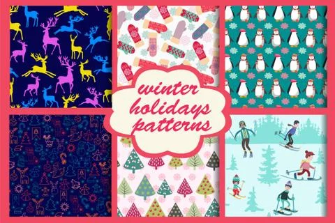 Set of seamless patterns Merry Christmas and new year theme background. Stock Illustration