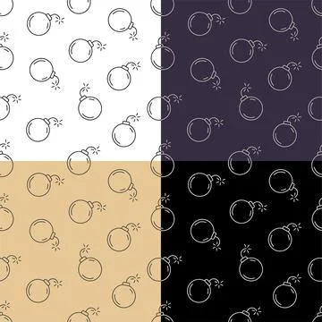 Set of seamless patterns with Metallic round bomb with wick. Offensive and de Stock Illustration