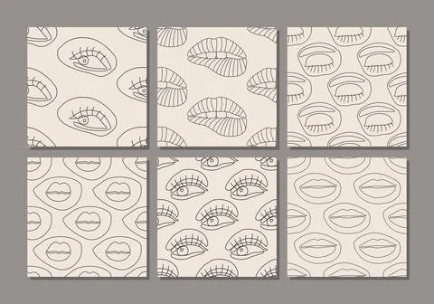 Set of seamless patterns of minimalist contemporary woman beauty surreal art Stock Illustration