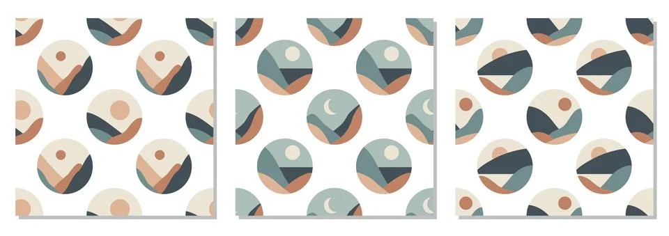 Set of seamless patterns, minimalist landscape abstract contemporary design Illustrazione stock