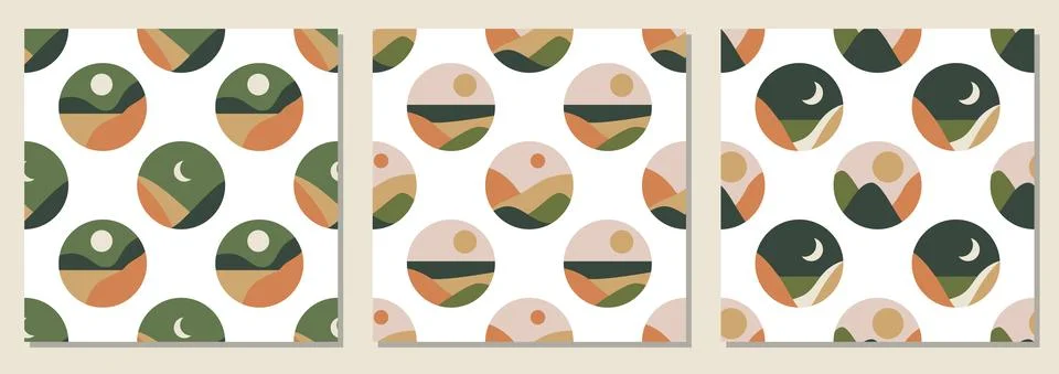 Set of seamless patterns, minimalist landscape abstract contemporary design Stock Illustration