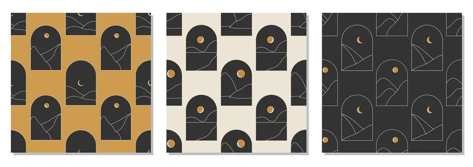 Set of seamless patterns, minimalist landscape abstract contemporary design Illustrazione stock