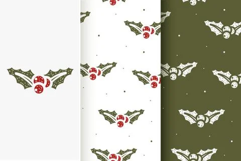 Set of seamless patterns of mistletoe Christmas in flat style. Collection of  Stock Illustration