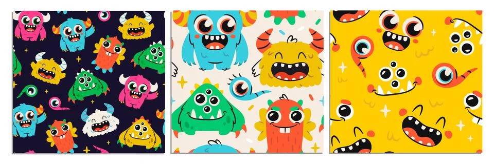Set of seamless patterns with monsters. Repeating ornaments with adorable furry Stock Illustration