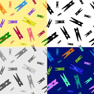 Set of seamless patterns with multi-colored clothespins on white and color Illustrazione stock