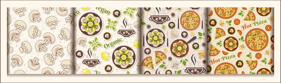 Set of seamless patterns with mushroom meals, pizza, raw, fried champignons Illustration