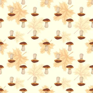 Set of seamless patterns with mushrooms and pale orange maple leaves together Stock Illustration