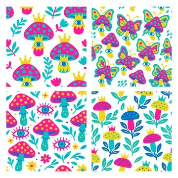 Set of seamless patterns with mushrooms. Bright, neon colors illustration i.. Stock Illustration