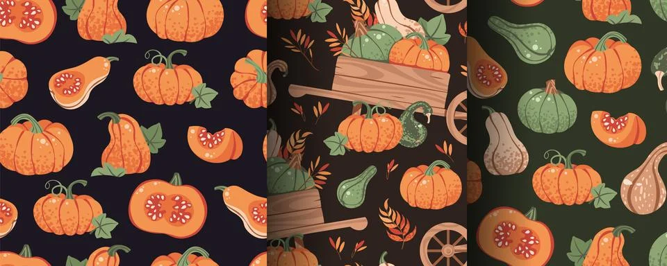 Set of Seamless Patterns with Orange Pumpkins and a Wooden Cart in Flat Style Stock Illustration