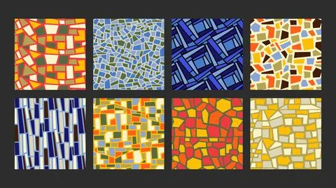 Set of seamless patterns, ornaments and backgrounds with geometric motifs. Stock Illustration