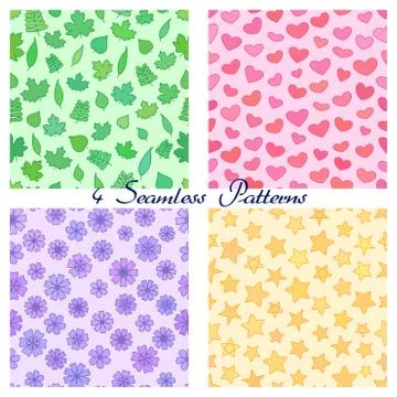 Set of seamless patterns with outline leaves, hearts, stars and flowers Stock Illustration