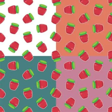 Set of seamless patterns with packaged jar of jam or compote in doodle style. 스톡 일러스트