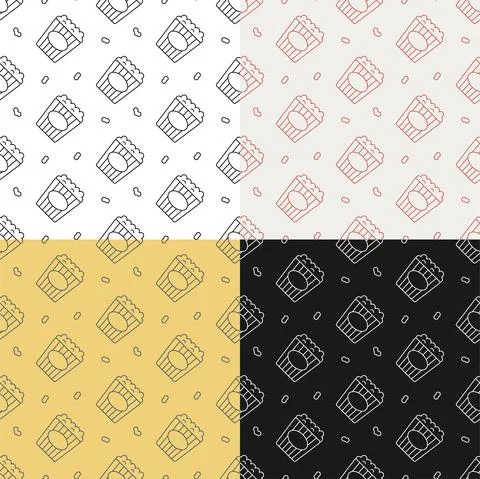 Set of seamless patterns with Packet of popcorn, bucket of airy dessert. Leis Illustrazione stock