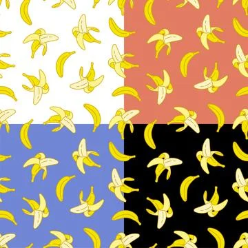 Set of seamless patterns with peeled sweet ripe bananas. Harvesting tropica.. 스톡 일러스트