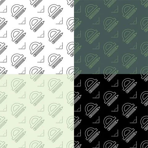 Set of seamless patterns with Pencil and school protractor. Ornament for decor Stock Illustration