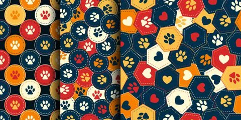 Set with seamless patterns with pet footprints, hearts in overlapping shapes Stock Illustration