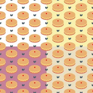 Set of seamless patterns with pie, cake with cherry on top. Exotic dessert wi 스톡 일러스트