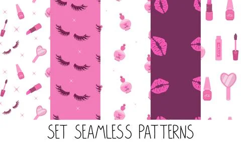 Set of seamless patterns in pink colors with accessories and cosmetics. Flat Illustrazione stock