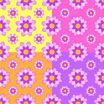 Set of seamless patterns of pink flowers on a yellow, pink, orange and purple Stock Illustration