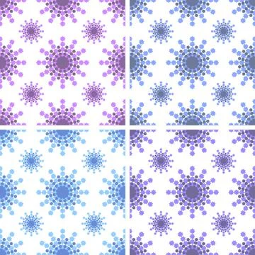 Set of seamless patterns of pink, light blue, blue, purple snowflakes on whit Stock Illustration