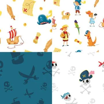 Set of seamless patterns for pirate party. Illustrazione stock