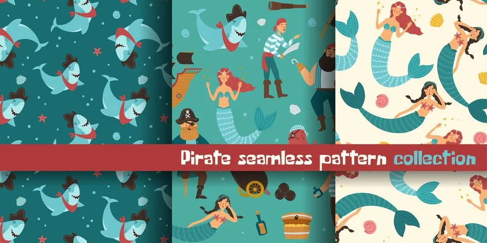 Set of seamless patterns with pirates, shark and mermaid. Brave pirates, beau Stock Illustration