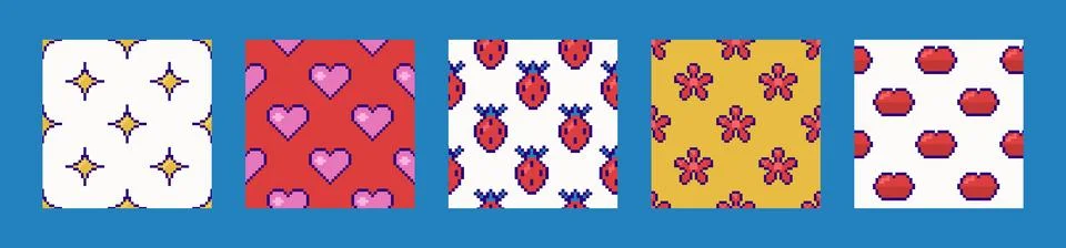 Set of seamless patterns with pixel elements: star, heart, strawberry, flow.. Illustrazione stock