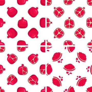 Set of seamless patterns with pomegranates, whole and cut, with seeds Illustrazione stock