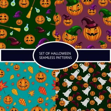 Set of seamless patterns with pumpkin halloween Stock Illustration