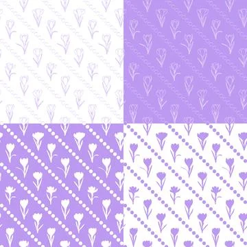 Set of seamless patterns with purple crocus flowers, saffron. Stock Illustration