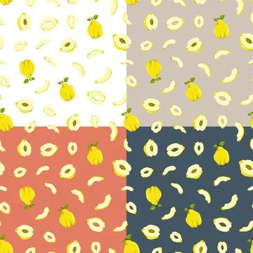 Set of seamless patterns with Quince fruit whole and cut in half. Exotic frui Stock Illustration
