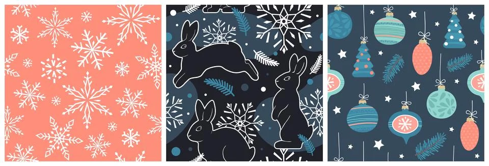 A set of seamless patterns of rabbits, snowflakes, Christmas decorations, sta Stock Illustration