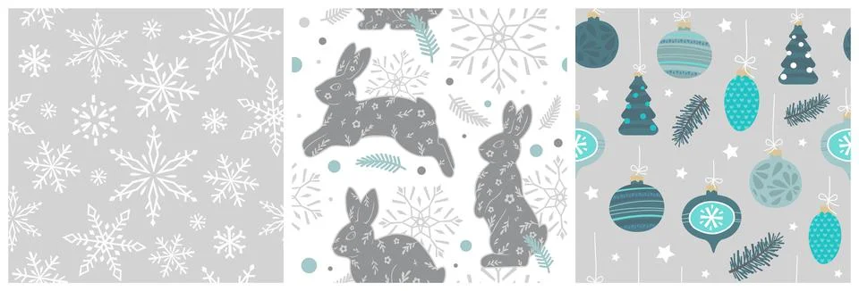 A set of seamless patterns of rabbits, snowflakes, Christmas decorations, sta Stock Illustration