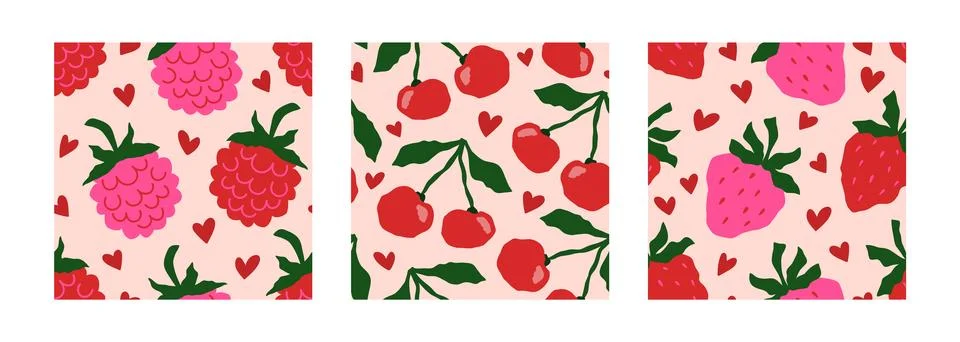 Set of seamless patterns with raspberries, cherries, strawberries and hearts. Illustrazione stock