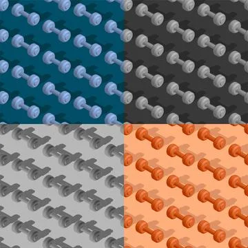 Set of seamless patterns with realistic detailed 3D model of sports dumbbell Stock-Illustration