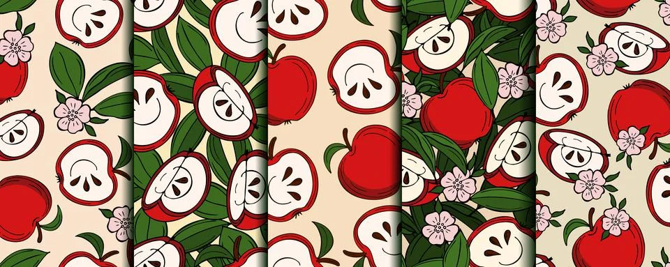 Set of seamless patterns with red apples Illustrazione stock