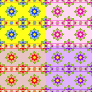 Set of seamless patterns of red, blue, pink, purple flowers with narrow flora Stock Illustration