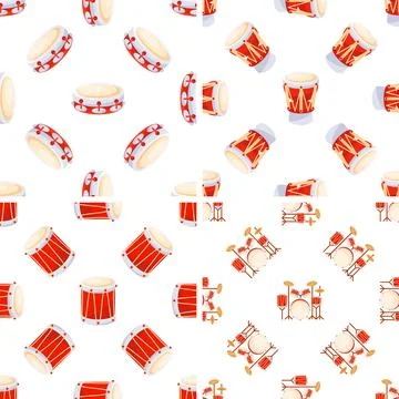 Set of seamless patterns with red drums, tom toms and drum kits, repeating Иллюстрация