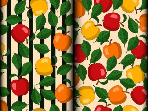 Set seamless patterns with red, orange, yellow apples, leaves Stock Illustration