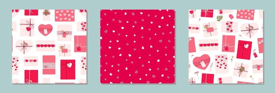 Set of seamless patterns of romantic eco-friendly packaging gifts for Valenti Stock Illustration