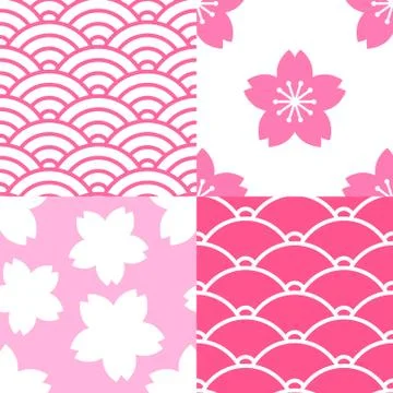 Set of seamless patterns with sakura and waves Illustrazione stock