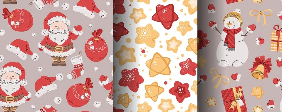 Set of seamless patterns with Santa Claus, stars and snowman. Vector holiday  Stock Illustration
