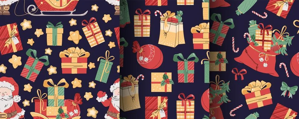 Set of seamless patterns with Santa Claus and gifts. Vector holiday texture.. Illustrazione stock