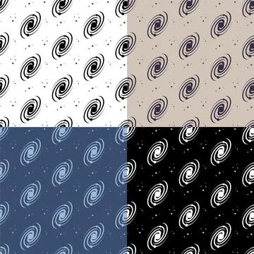 Set of seamless patterns with schematic spiral galaxy. Exploration of space a Stock Illustration