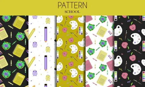 A set of seamless patterns with school stationery items. Flat vector design for Stock Illustration