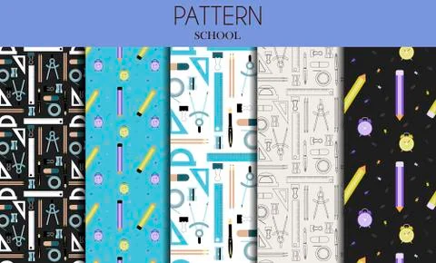 A set of seamless patterns with school stationery items. Flat vector design for イラスト素材