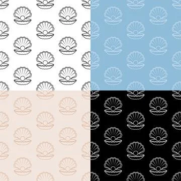 Set of seamless patterns with sea shining pearl icon in open shell. Ornament Illustrazione stock