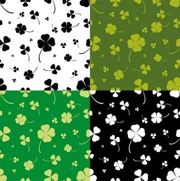Set of seamless patterns with silhouettes of clover leaves. Ornament for deco Stock Illustration