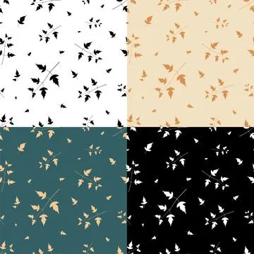 Set of seamless patterns with silhouettes of maple tree leaves on branch 스톡 일러스트